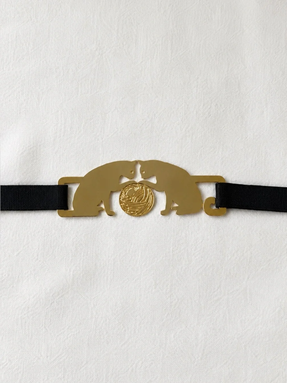 Vintage Twee Coquette Goth Black Stretch Belt Gold Filled Two Cat